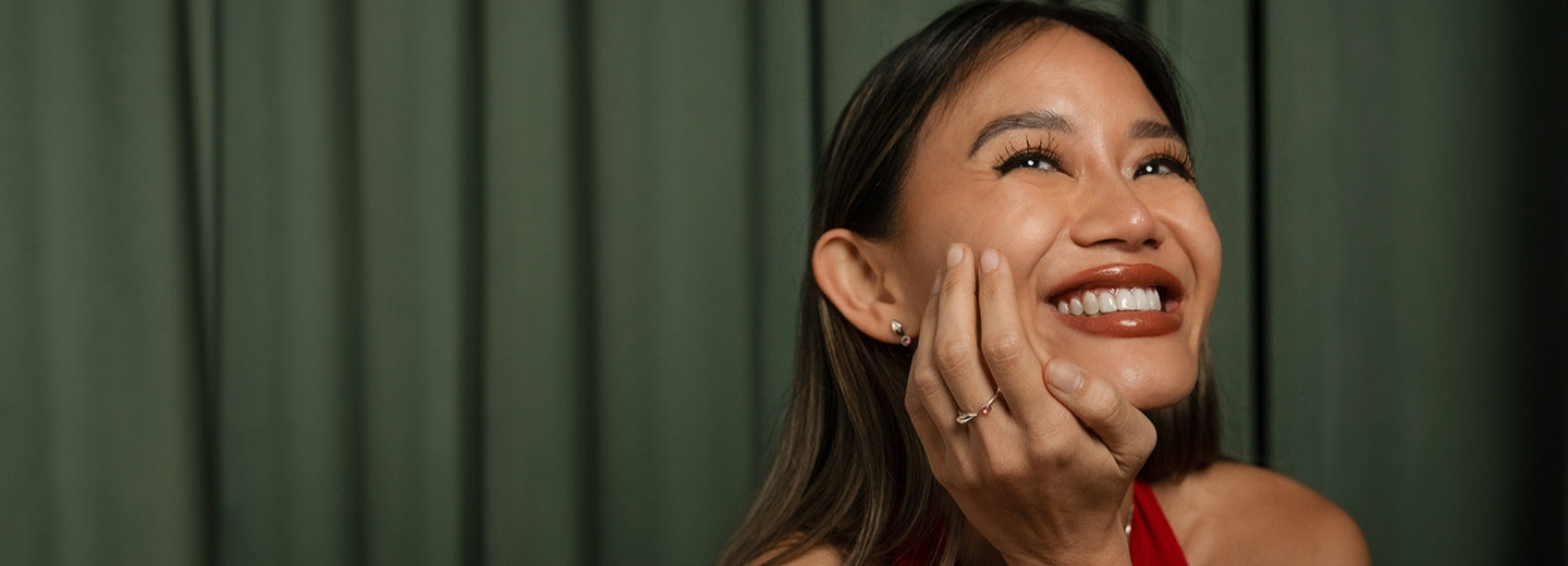 Model wearing our fun minimalist jewellery from the Kiss & Tell collection