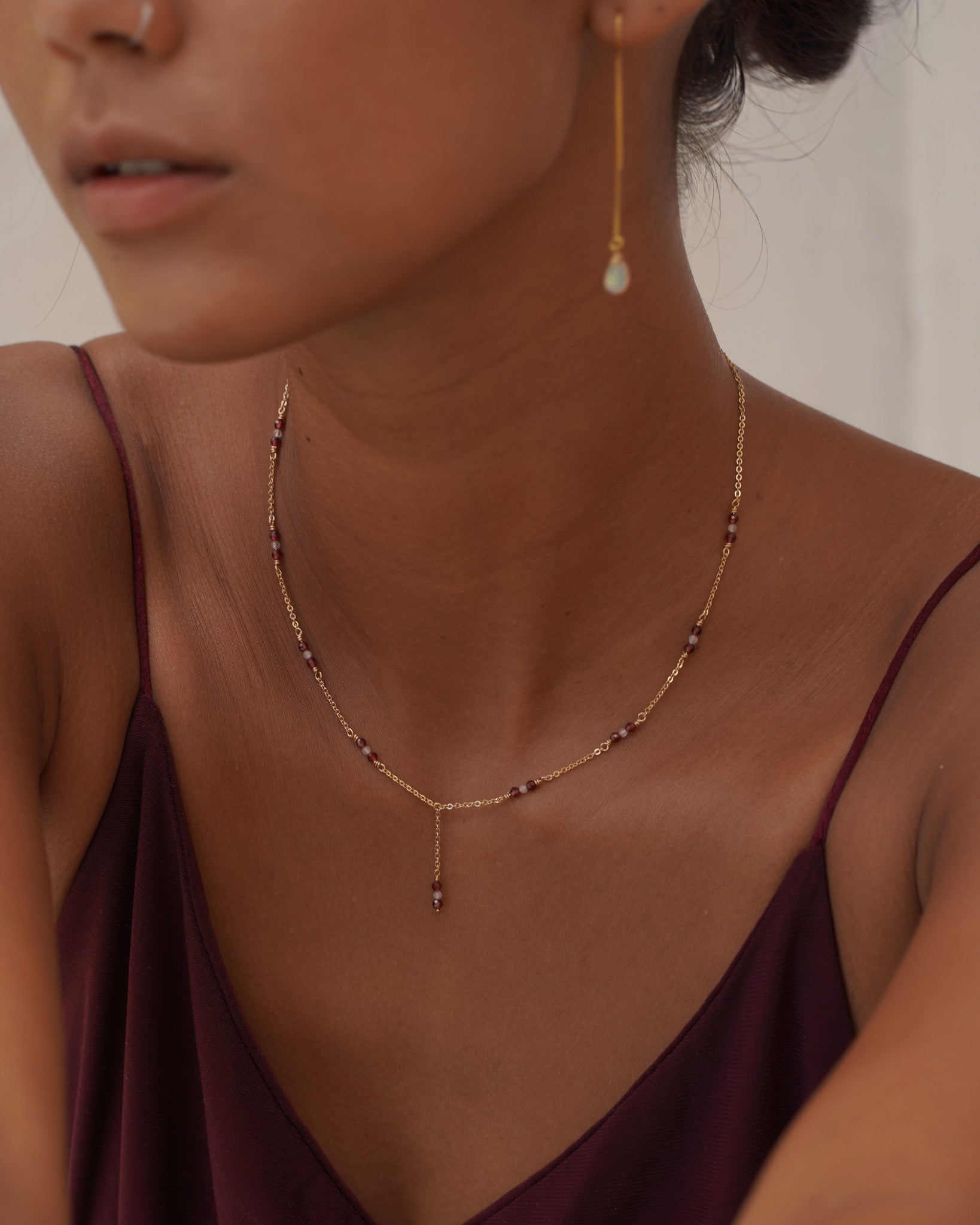 Garnet and Quartz Gemstone Minimalist Necklace in Gold