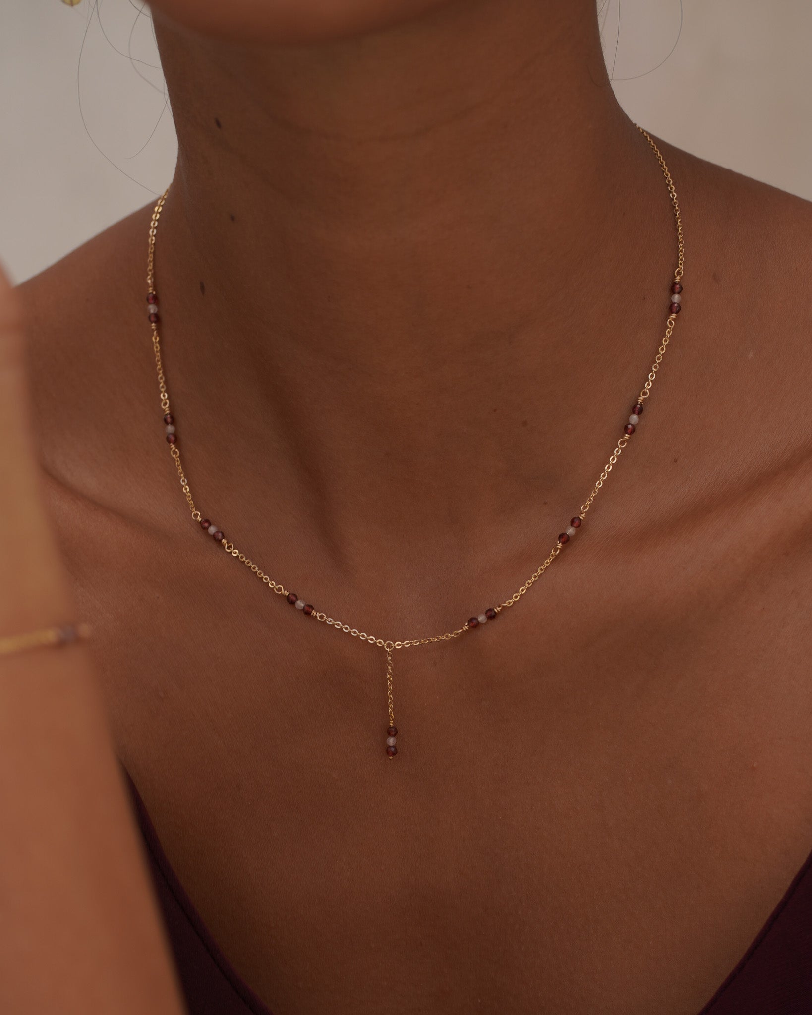Garnet and Quartz Gemstone Minimalist Necklace in Gold