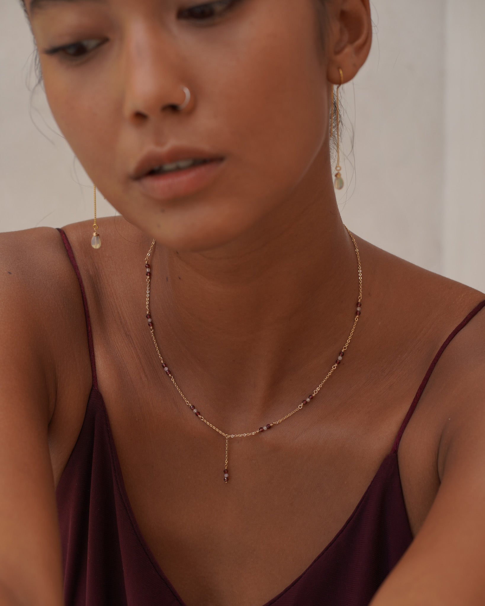 Garnet and Quartz Gemstone Minimalist Necklace in Gold