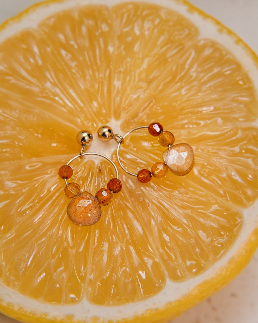 Dainty hoop earrings with golden moonstone and tourmaline gemstones