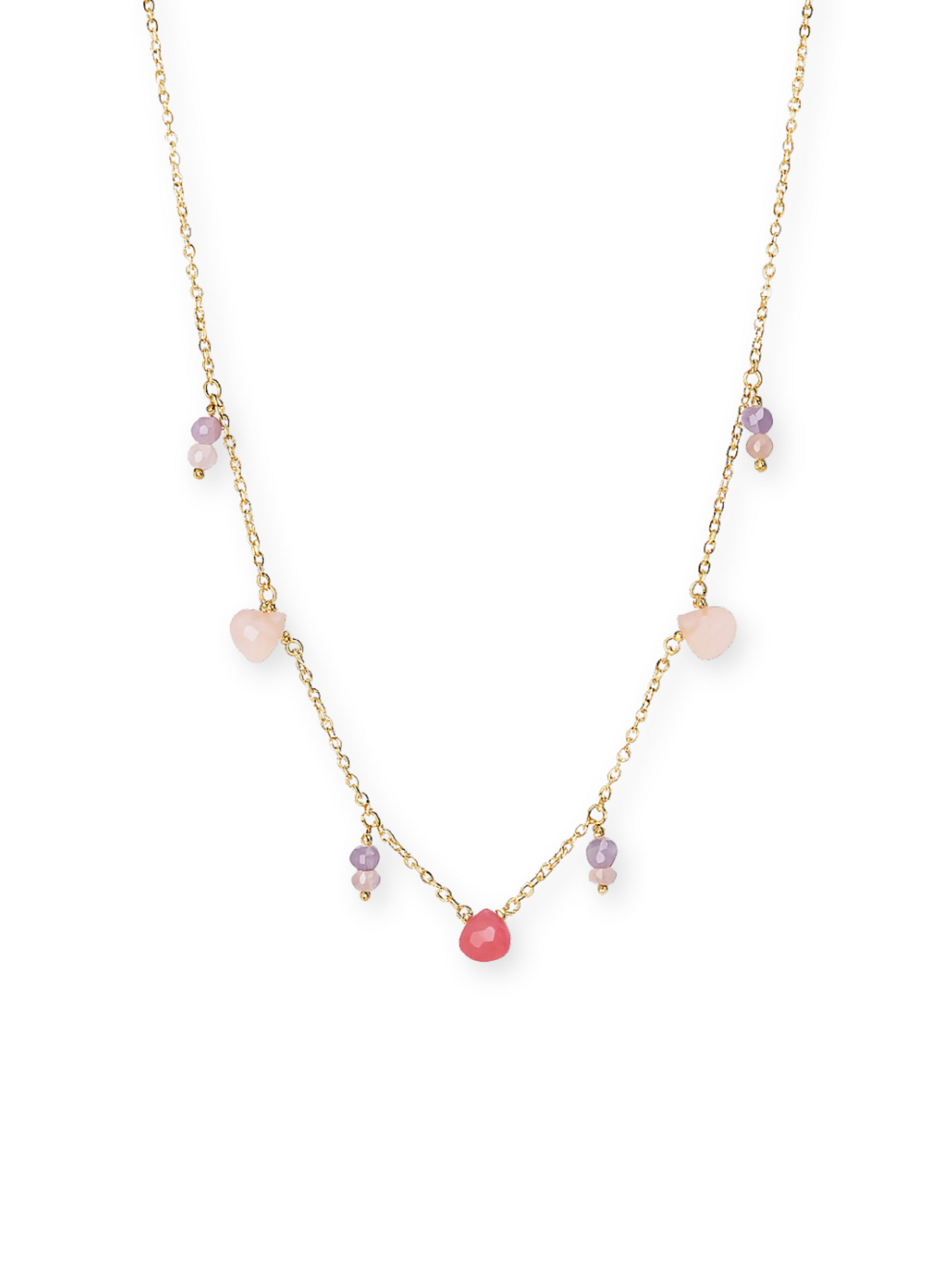 Dainty gemstone necklace with lepidolite, pink quartz, and pink opal.