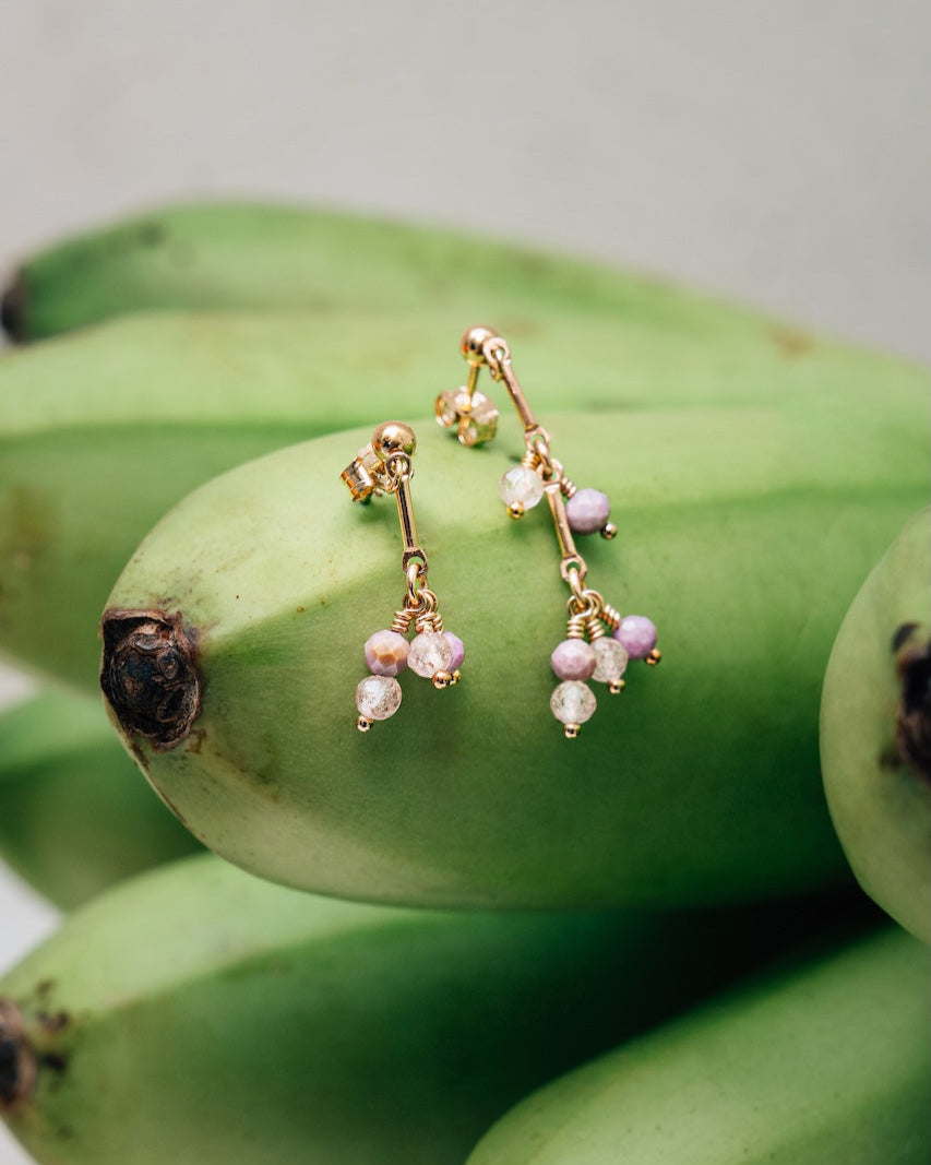 Dainty charm like dangle earrings with lepidolite and rose quartz gemstones