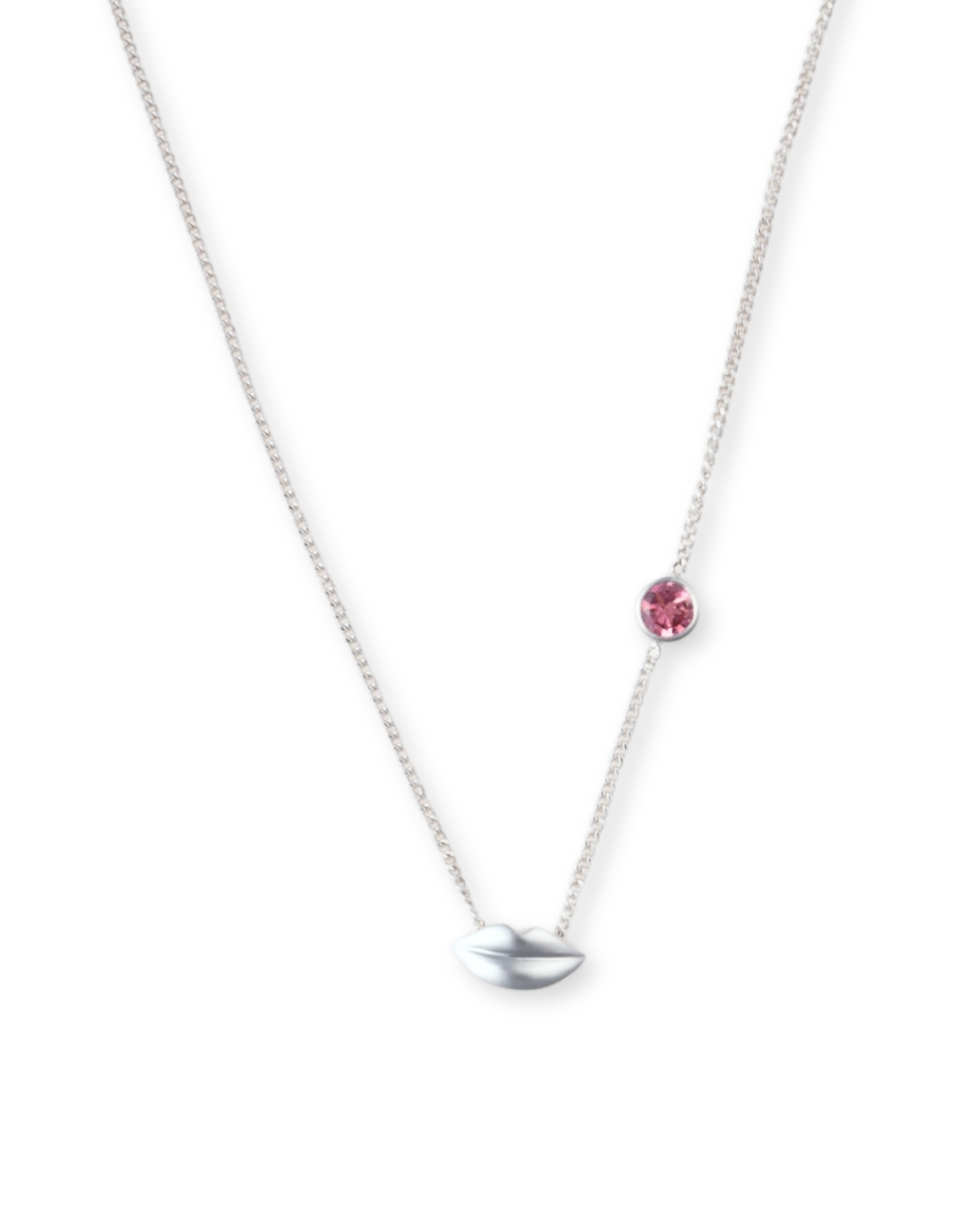 Minimalist sterling silver necklace with a fun lip charm and a gorgeous pink tourmaline gemstone. Perfect fidget necklace