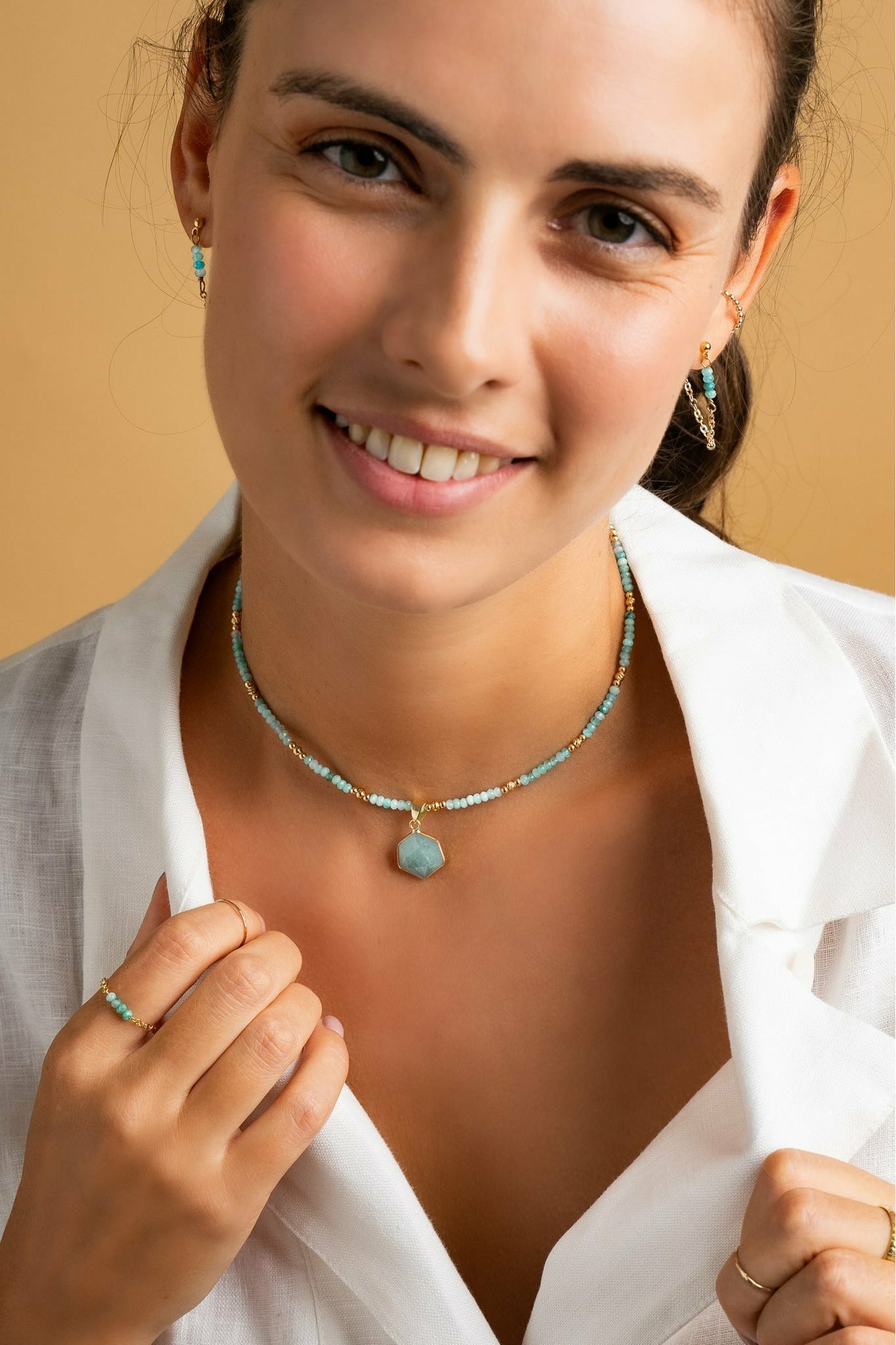 Model wearring gemstone choker necklace in Amazonite 