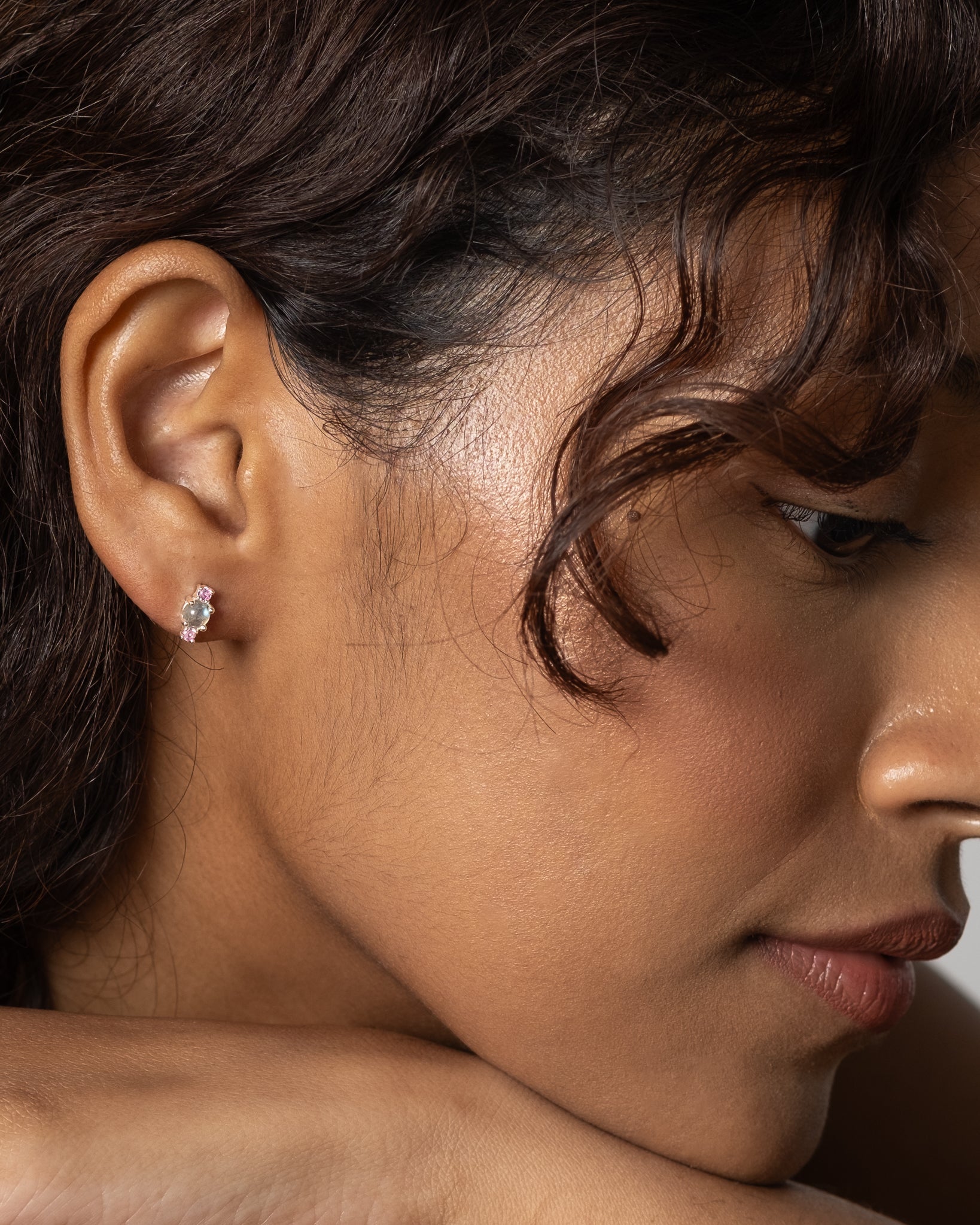 White Gold Plated Sterling Silver earrings with Labadorite and Pink Sapphire