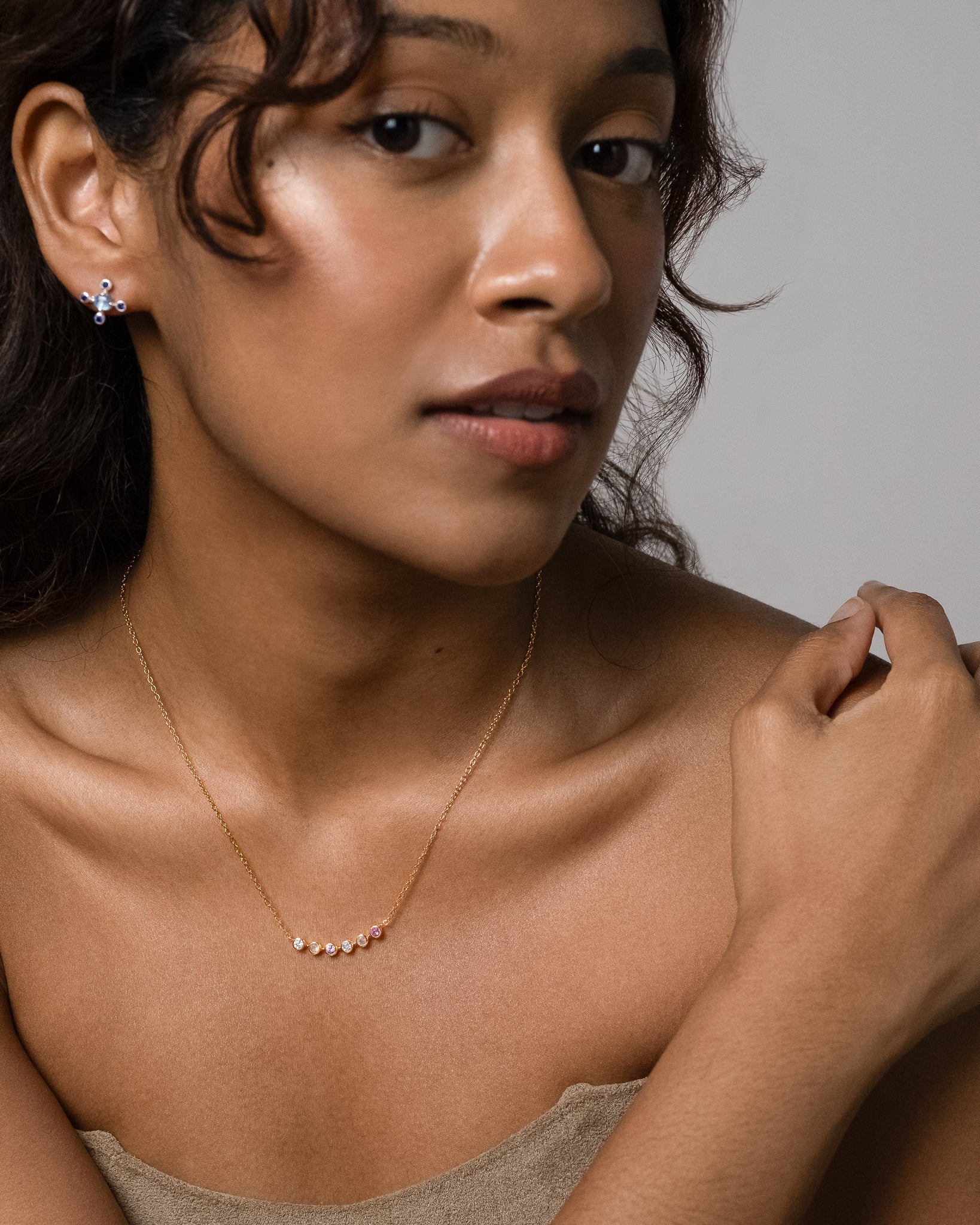 Modern minimalistic gold vermeil necklace with zircon, labadorite and pink sapphire
