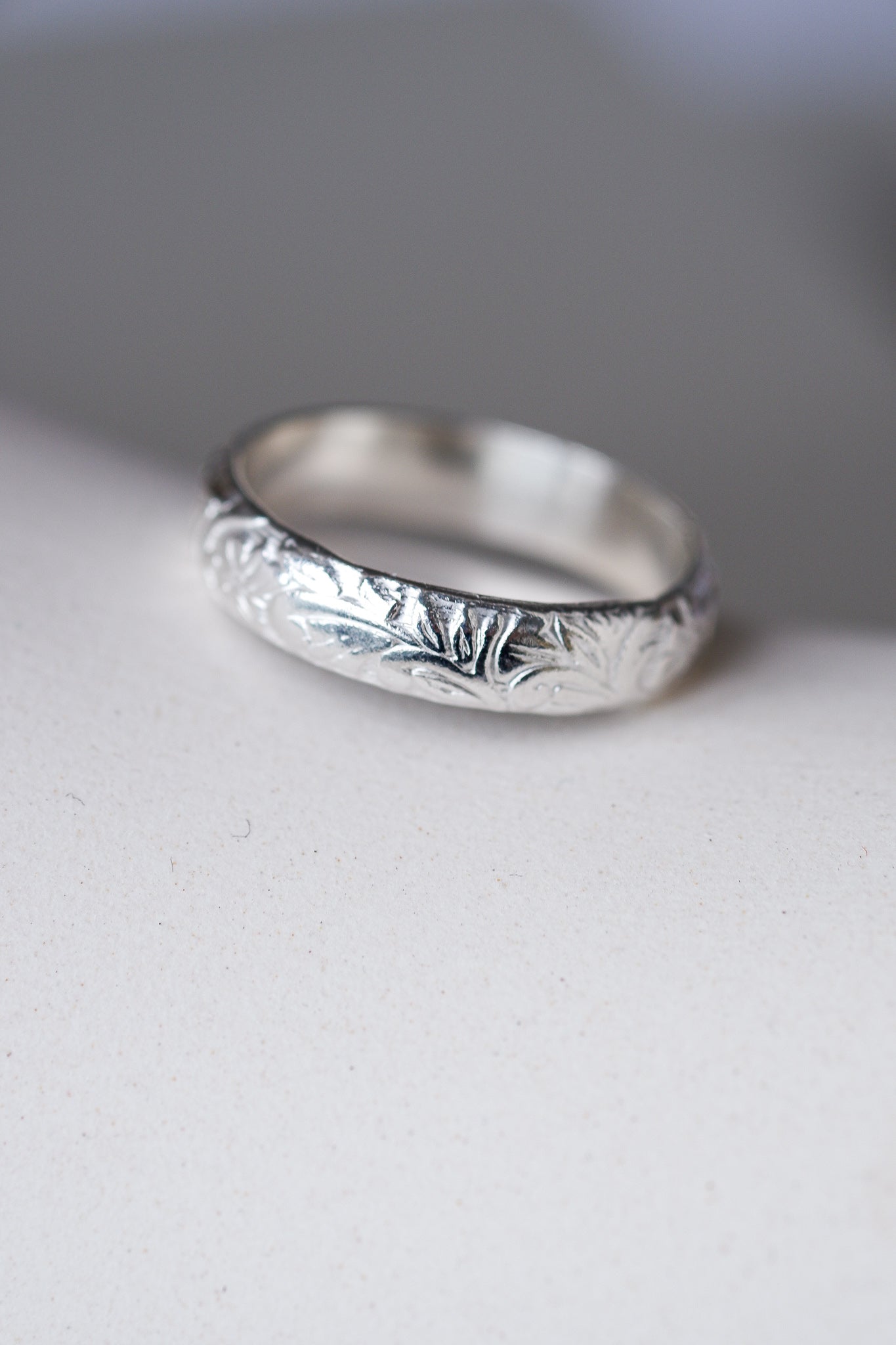Handmade floral engraved ring in sterling silver. Winter Bloom Ring - Inari Jewellery